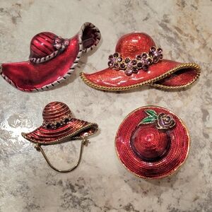 Vintage Red Hat Society Red Enameled Hat Brooch Pin Lot Of 4 Nostalgia